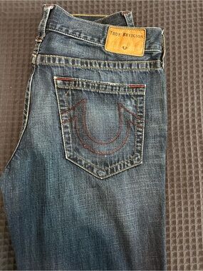 True Religion Men’s Blue Straight Jeans with Red Stitching